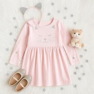 🐱 Hanna Andersson Sparkly Cat Face Dress 3T – Petal Pink Long Sleeve Twirly